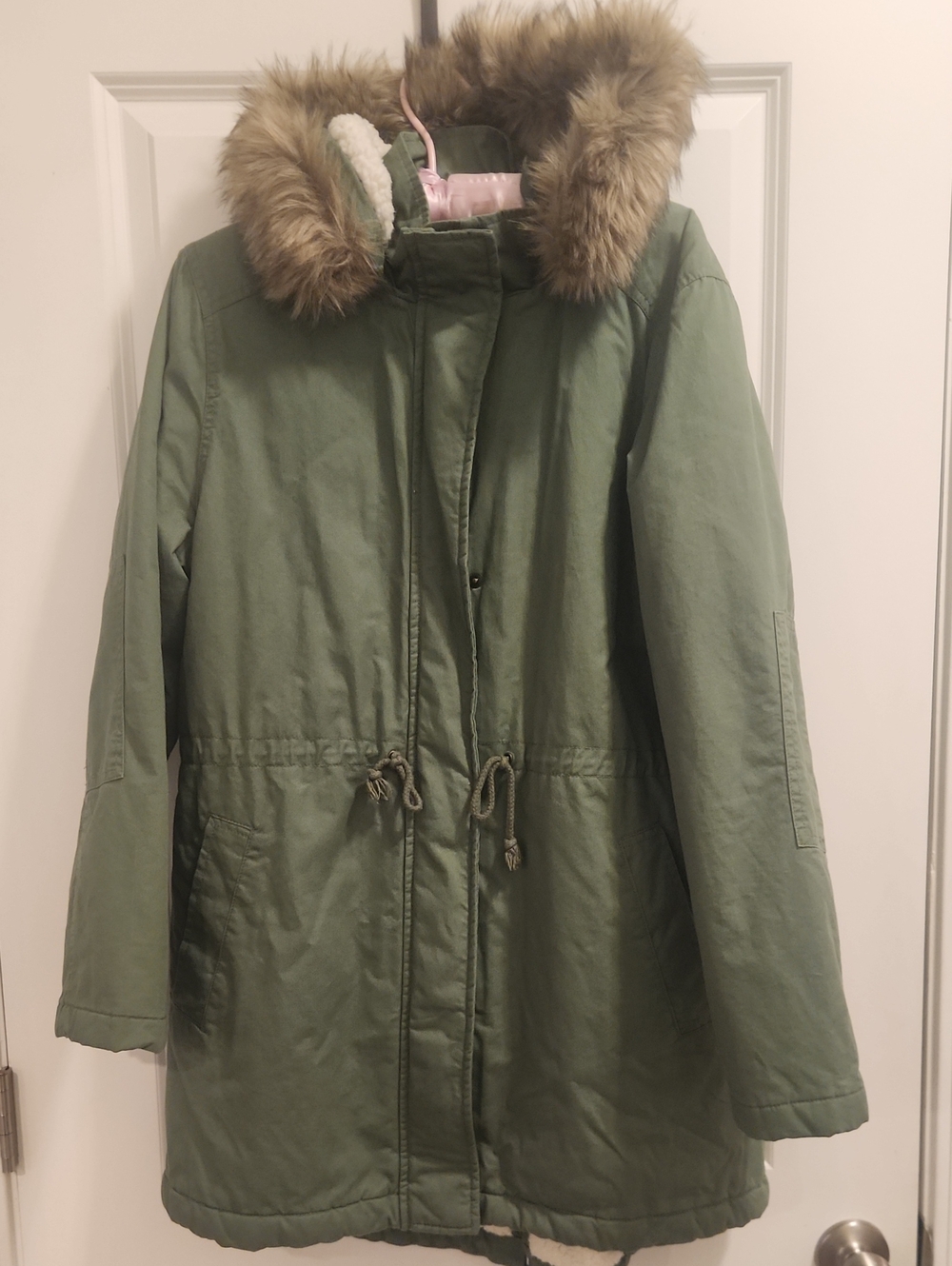 GAP Olive Green Hooded Puffer Parka Faux Fur Trim Sherpa Lined Women Large